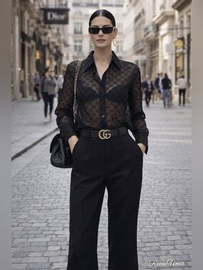 Sheer Black Logo-Pattern Button-Up Blouse – Size Small